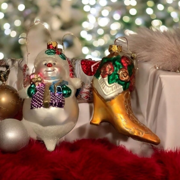 Christmas ornaments glass snowman Victorian boot set of two in excellent… - Picture 3 of 7